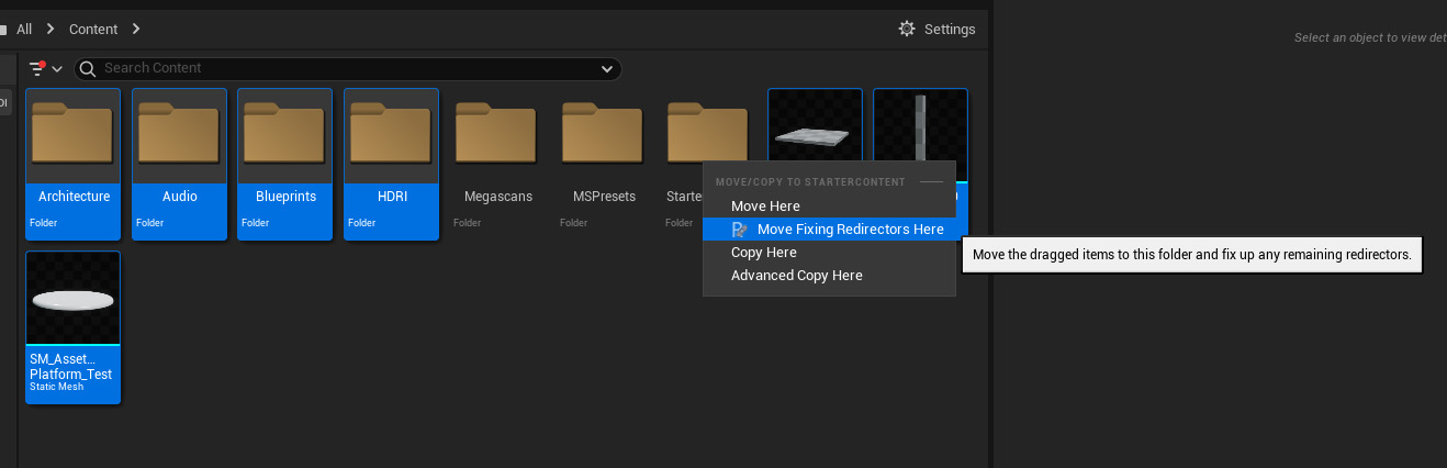 Move here assets and folders contextual menu