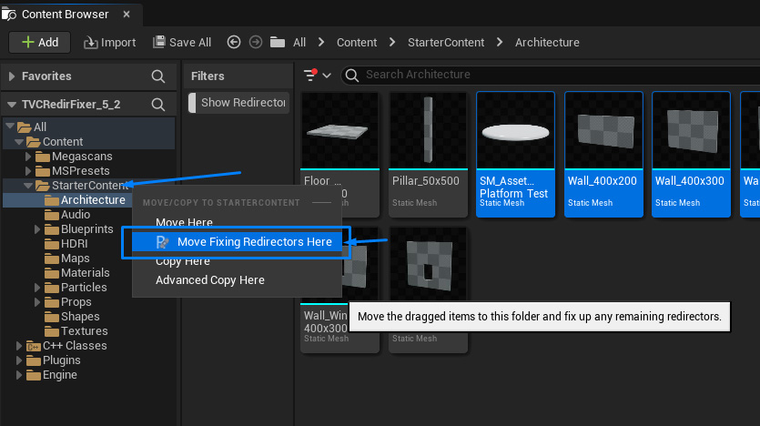 Move here assets contextual menu of TVC Redirectors Fixer plugin in Unreal Engine 5