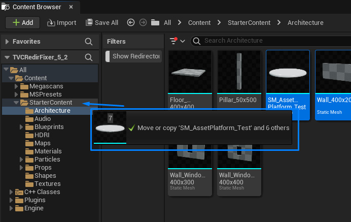 Move here assets contextual menu of TVC Redirectors Fixer plugin in Unreal Engine 5