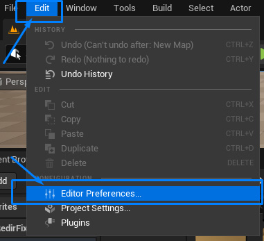 Open Editor Preferences window in Unreal Engine 5