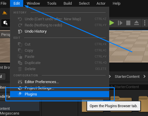 Open Plugins window in Unreal Engine 5