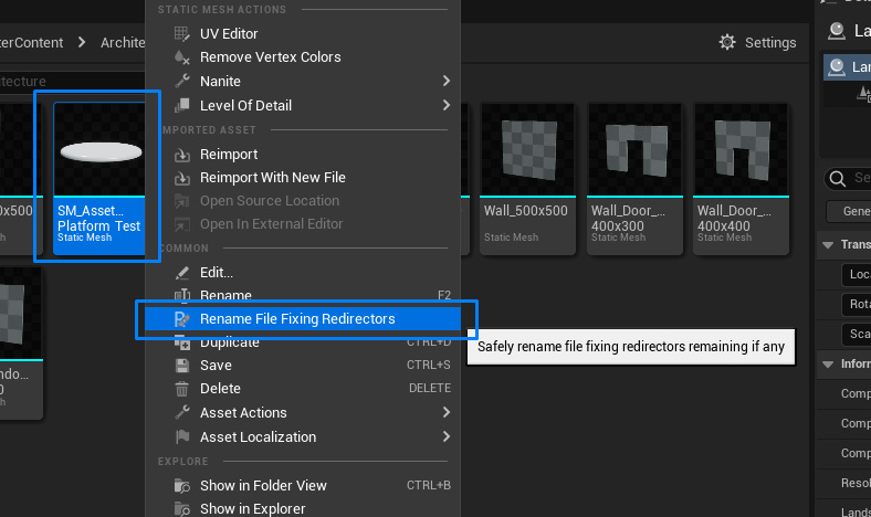 Rename asset contextual menu of TVC Redirectors Fixer plugin in Unreal Engine 5