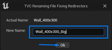 Rename asset window of TVC Redirectors Fixer plugin in Unreal Engine 5