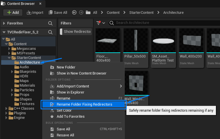 Rename folder contextual menu of TVC Redirectors Fixer plugin in Unreal Engine 5