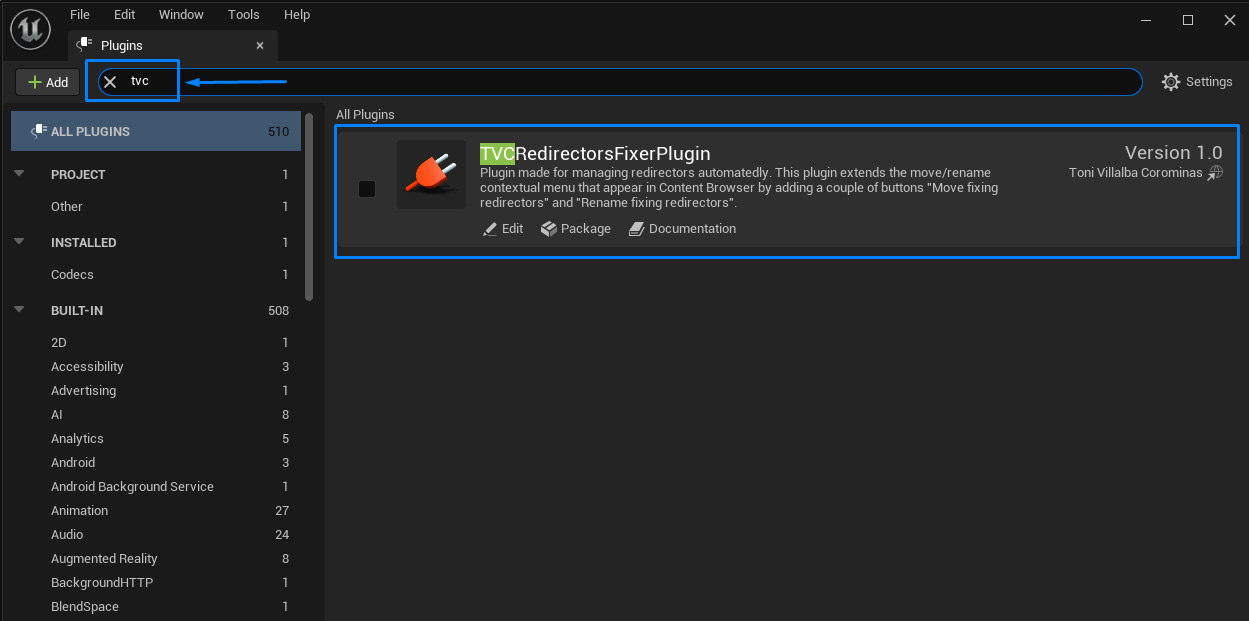 Search for TVC Redirectors Fixer plugin in Plugins window in Unreal Engine 5