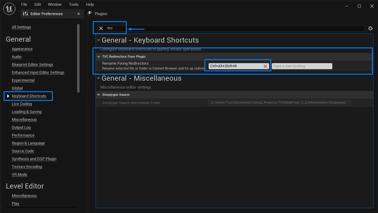 Setup shortcut for TVC Redirectors Fixer plugin in Editor Preferences window in Unreal Engine 5