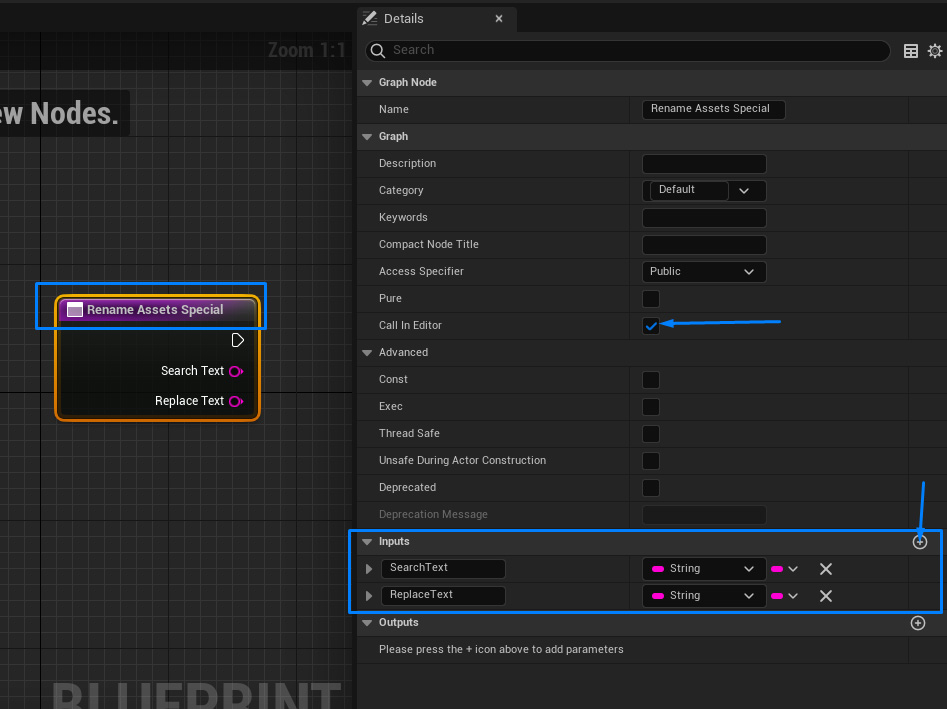 Creating function inputs in asset action utility in blueprints