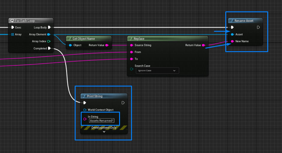 Rename asset and print success in asset action utility in blueprints